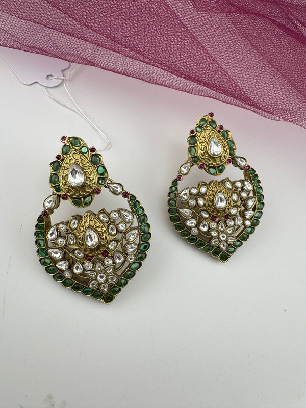 Amrapali inspired, Matt Gold with uncut kundan and CZ chandbali earrings