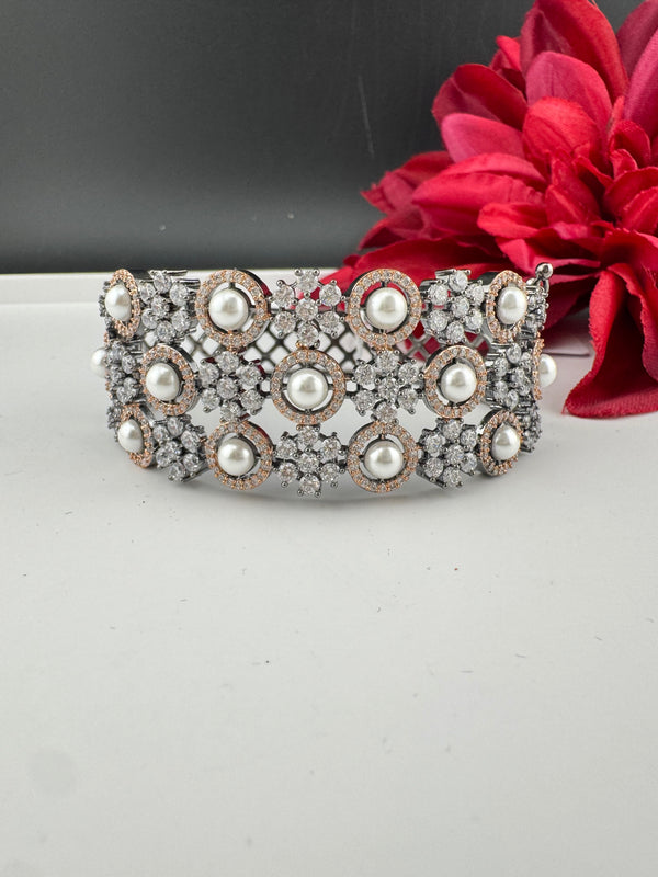 Openable Designer bracelet with Pearls, crystal stones, CZ Nano setting, Fits size upto 2.6"