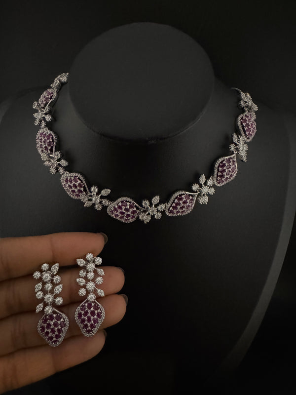 Nano Setting CZ Diamond Statement Ruby Necklace Set, White Gold Plated Choker, 3D nature inspired