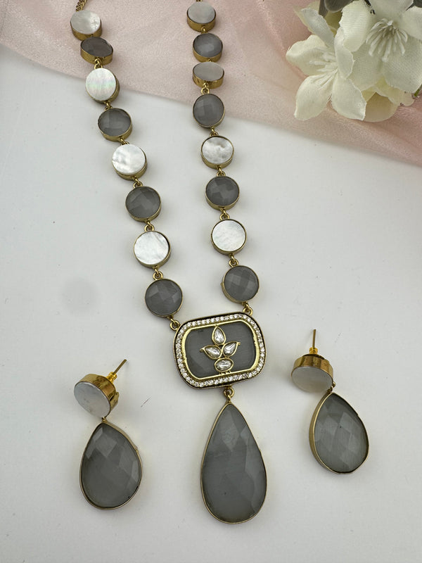 Kundan, CZ, MOP, Stone inlay Long Golden necklace set, Rani haar, everyday wear jewelry