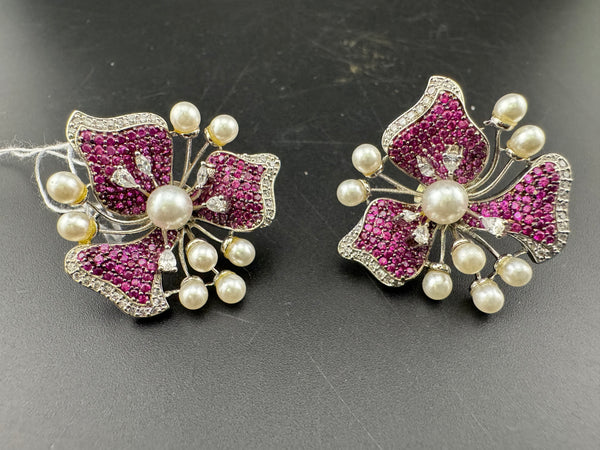 Pearls, Cubic Zirconia, Diamond nano setting flower stud earrings, Indian Jewelry