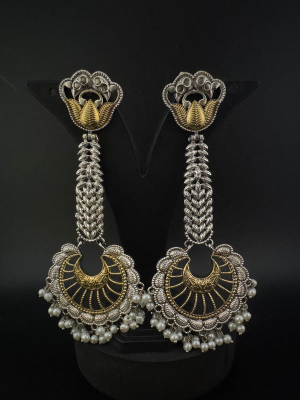 Oxidized Silver and Gold ChandBali Very long Earrings, designer jewelry