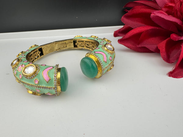 Moissanite Kundan, Enamel, CZ Adjustable Bracelet Bangle Kada, Gold Polish Designer Bangle