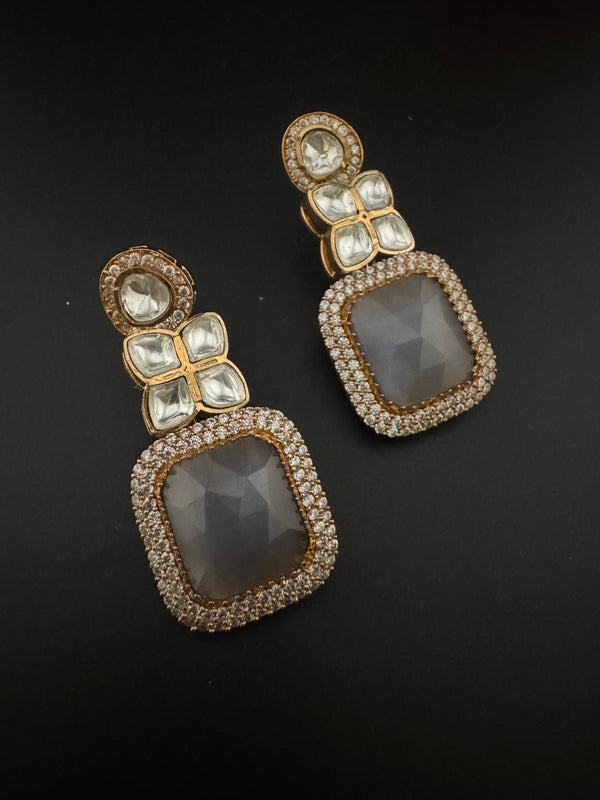 Gray and Gold Kundan, Stone Chandelier Drop Earrings, Bridal, Moissanite, CZ, Designer jewelry