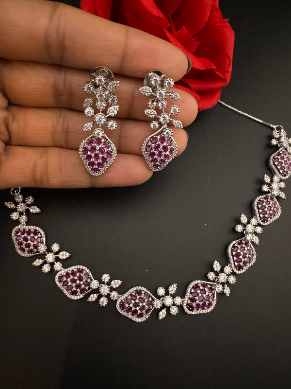 Nano Setting CZ Diamond Statement Ruby Necklace Set, White Gold Plated Choker, 3D nature inspired