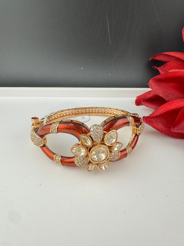 Moissanite Kundan, Enamel, CZ Adjustable Bracelet Bangle, Gold Polish Designer Bangle