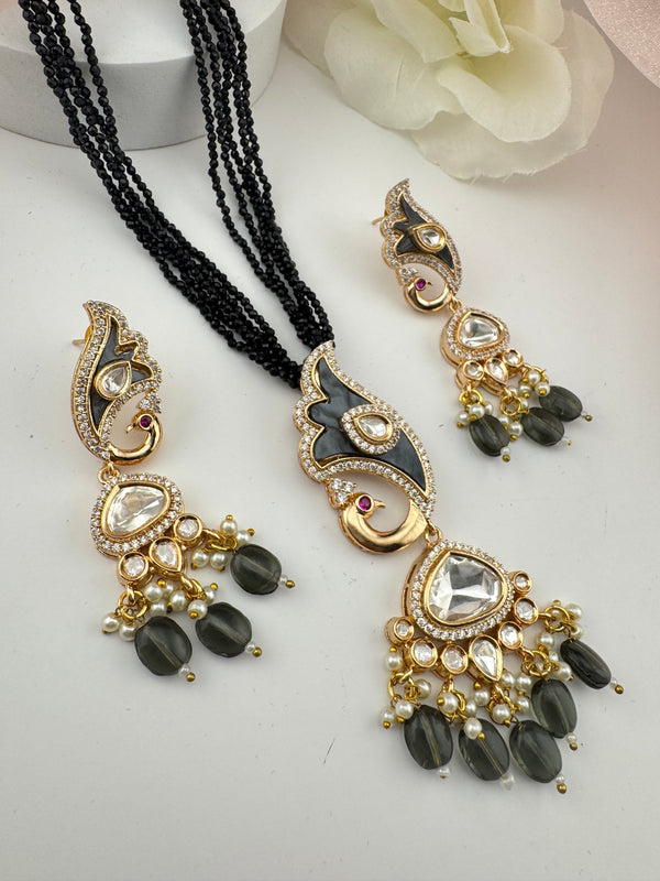 Kundan, CZ, MOP, Pearls, Hydro Beads Peacock Long necklace set, Rani haar, everyday wear jewelry
