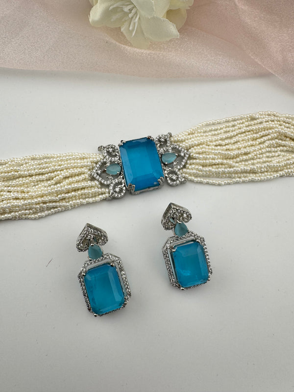 Small Pearls, CZ, Doublet Stones Choker necklace set, Indian Bridal Jewelry, chic set