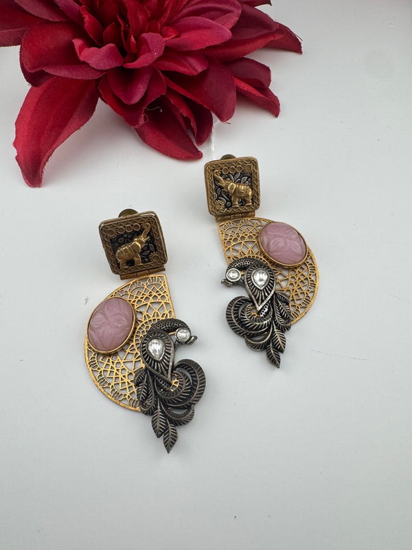 Antique Gold, Oxidized, Carved Stones Chandbali Dangle Earrings, Amrapali inspired Designer jewelry