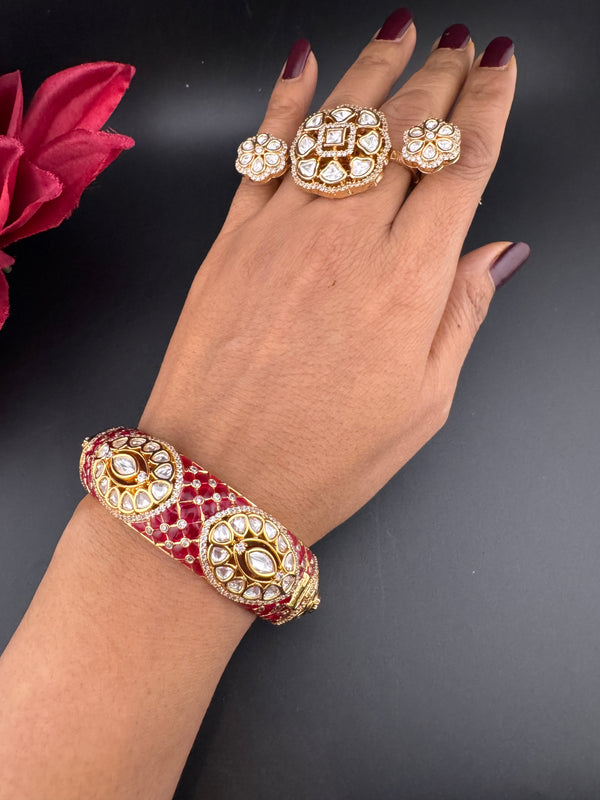 Pchhi Kundan, Moissanite Kundan, CZ Openable Broad Bracelet Bangle, Gold Polish (Fits 2.6" wrists) (Copy)