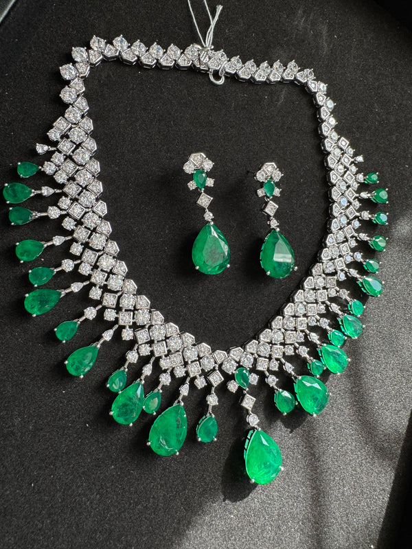 Green Doublet stone, Crystals and CZ Diamond all over Necklace Set, White Gold Plated