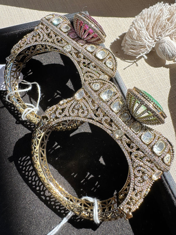 Moissanite Kundan, CZ, Doublet Stone, Openable Designer Bracelet Bangle, Gold Polish (Fits 2.6" wrists)