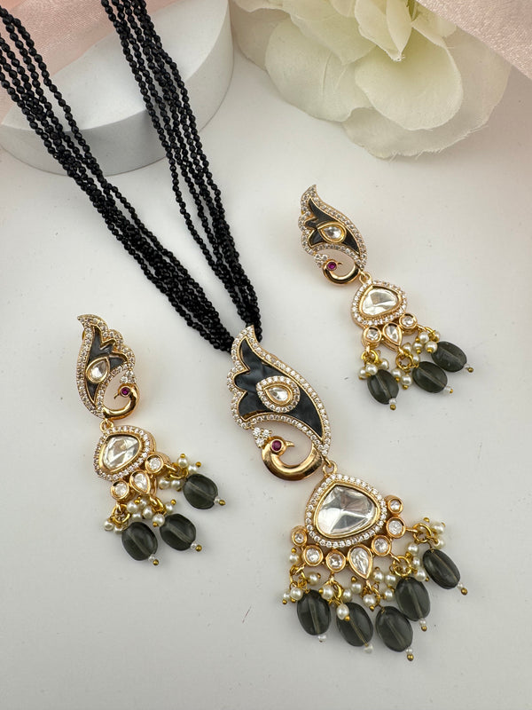 Kundan, CZ, MOP, Pearls, Hydro Beads Peacock Long necklace set, Rani haar, everyday wear jewelry