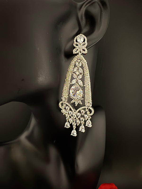 Premium Cubic Zirconia Crystals Chandelier earrings is designer Inspired, Statement Long sleek earring, Bridal, Party, Wedding jewelry, chic