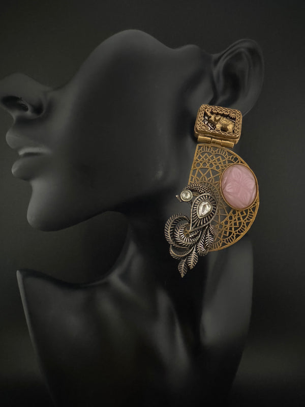 Antique Gold, Oxidized, Carved Stones Chandbali Dangle Earrings, Amrapali inspired Designer jewelry