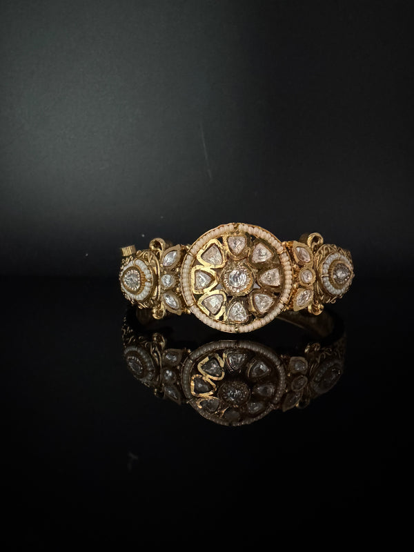 Moissanite Kundan, Pearl, CZ Designer Bracelet Bangle, Matt Gold Polish (Fits upto 2.6" Wrist)