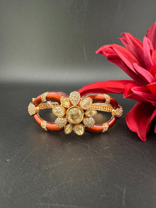 Moissanite Kundan, Enamel, CZ Adjustable Bracelet Bangle, Gold Polish Designer Bangle