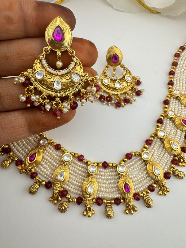 Rajwadi, kundan, pearls, stones Gold necklace set, Indian Bridal Jewelry set