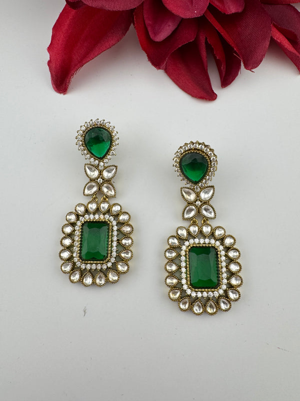 Green and Gold Kundan, Stone Chandelier Drop Earrings, Bridal, Moissanite, CZ, Designer jewelry