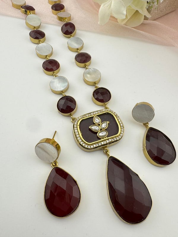 Kundan, CZ, MOP, Stone inlay Long Golden necklace set, Rani haar, everyday wear jewelry