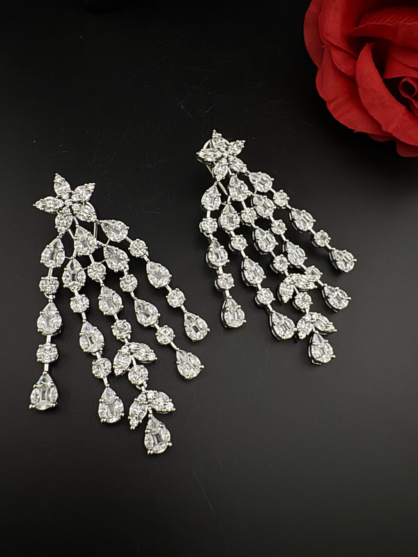 Premium Cubic Zirconia Chandelier earrings is designer Inspired, Statement Long earring, Bridal, Party, Wedding jewelry, Indian Chic Shiny