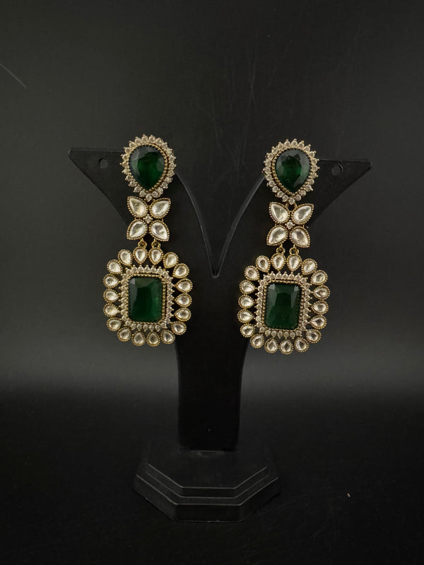 Green and Gold Kundan, Stone Chandelier Drop Earrings, Bridal, Moissanite, CZ, Designer jewelry