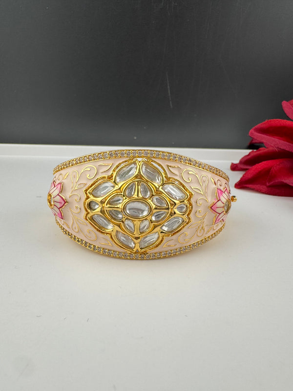 Moissanite Kundan, Enamel, CZ Openable Bracelet Bangle, Gold Polish (Fits 2.6" wrists)