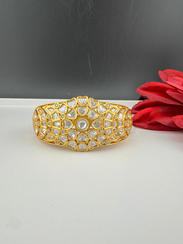 Moissanite Kundan, CZ Openable Bracelet Bangle, Gold Polish (Fits 2.6" wrists)