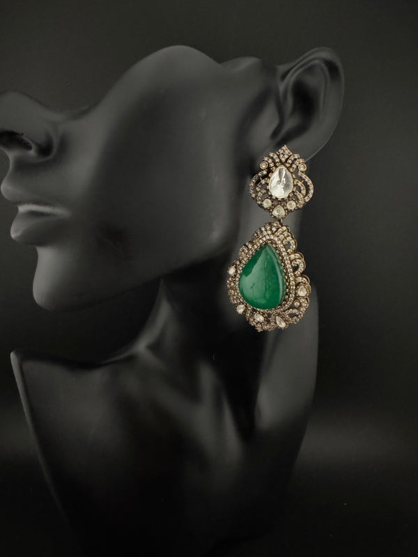 Green and Gold Kundan, Doublet Stone Chandelier Long Earrings, Bridal, Moissanite, CZ, Designer jewelry