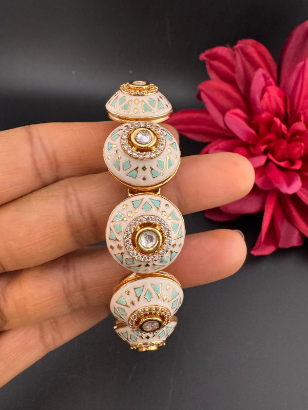 Moissanite Kundan, Enamel, CZ Rajwadi Pacheli Bracelet Bangle Kada, Gold Polish(fits 2.6" wrists)