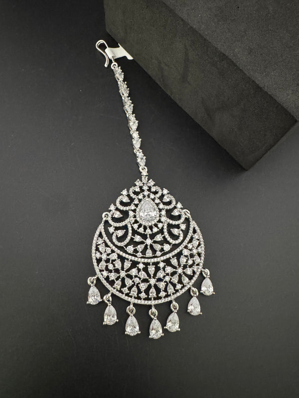 Silver Cubic Zirconia/Diamond Tikka, Indian Maang Tikka, Headpiece, Bridal jewelry