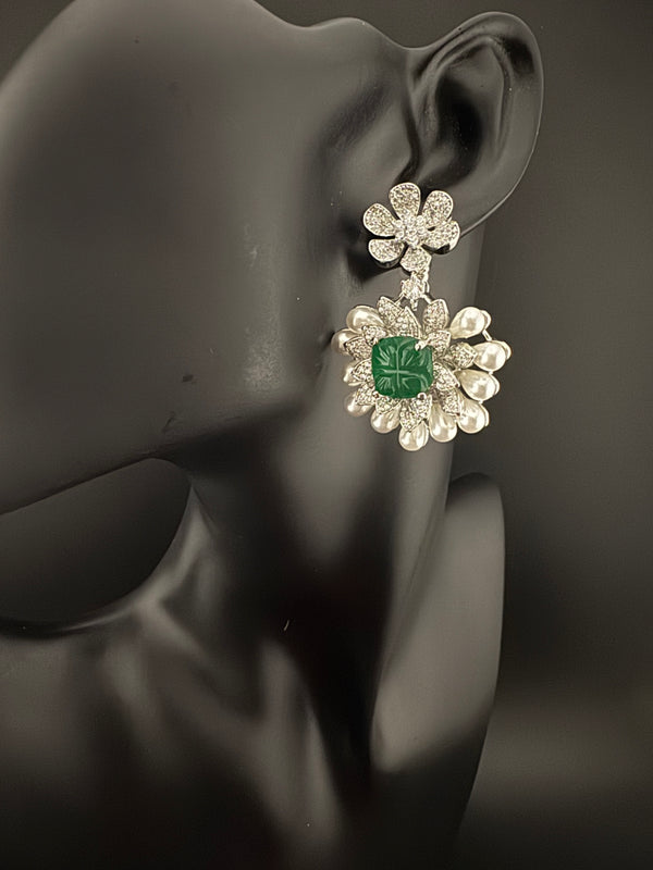 Premium Nano Setting Cubic Zirconia Carved Stone Pearls Drop earrings in unique 3D shape, stylish, Statement earring/Bridal Bridesmaid gift