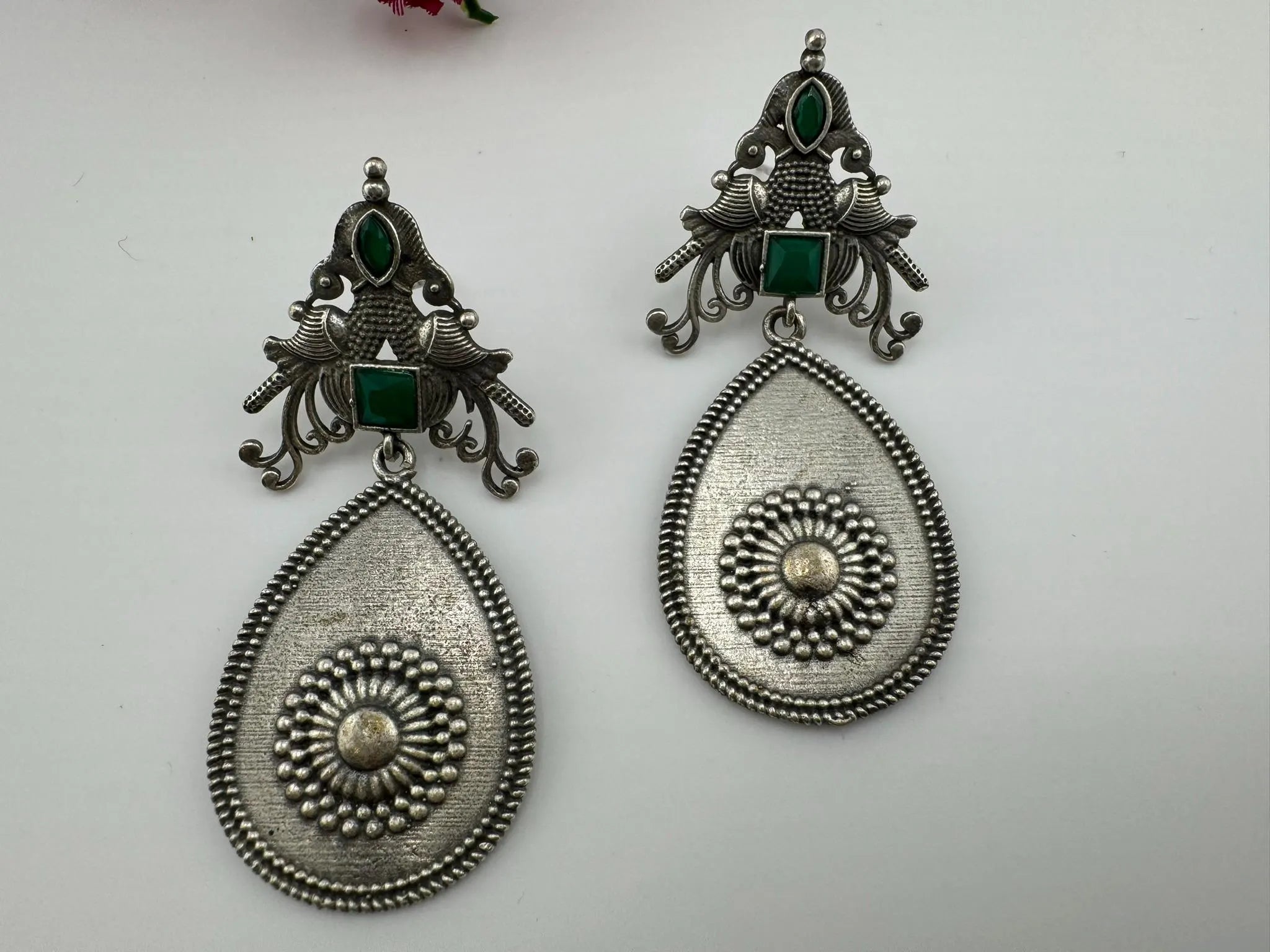 Oxidized German silver long Drop earrings with stones