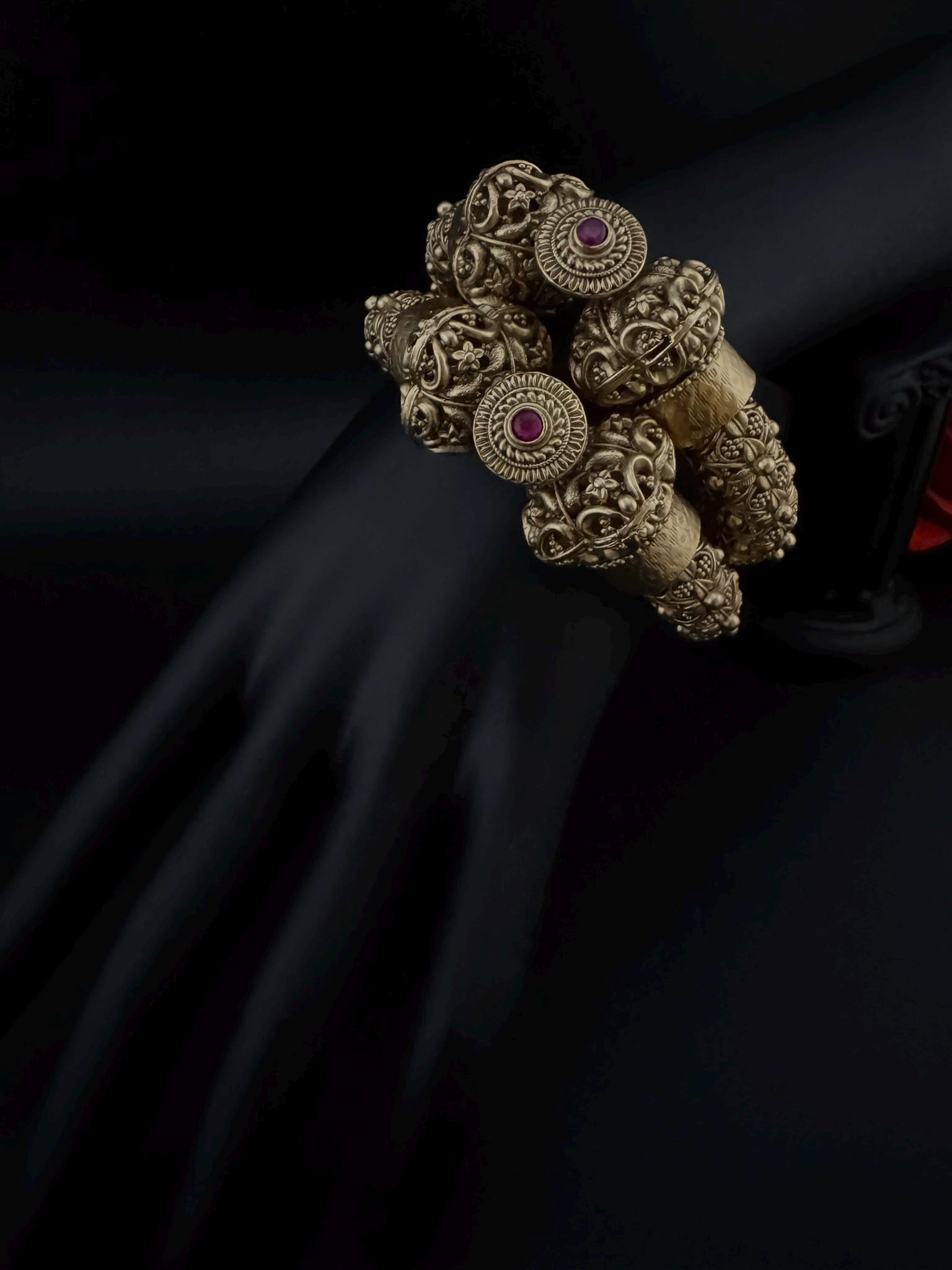 Amrapali inspired Designer Openable bangles in Matt Gold and ruby stones set of 2