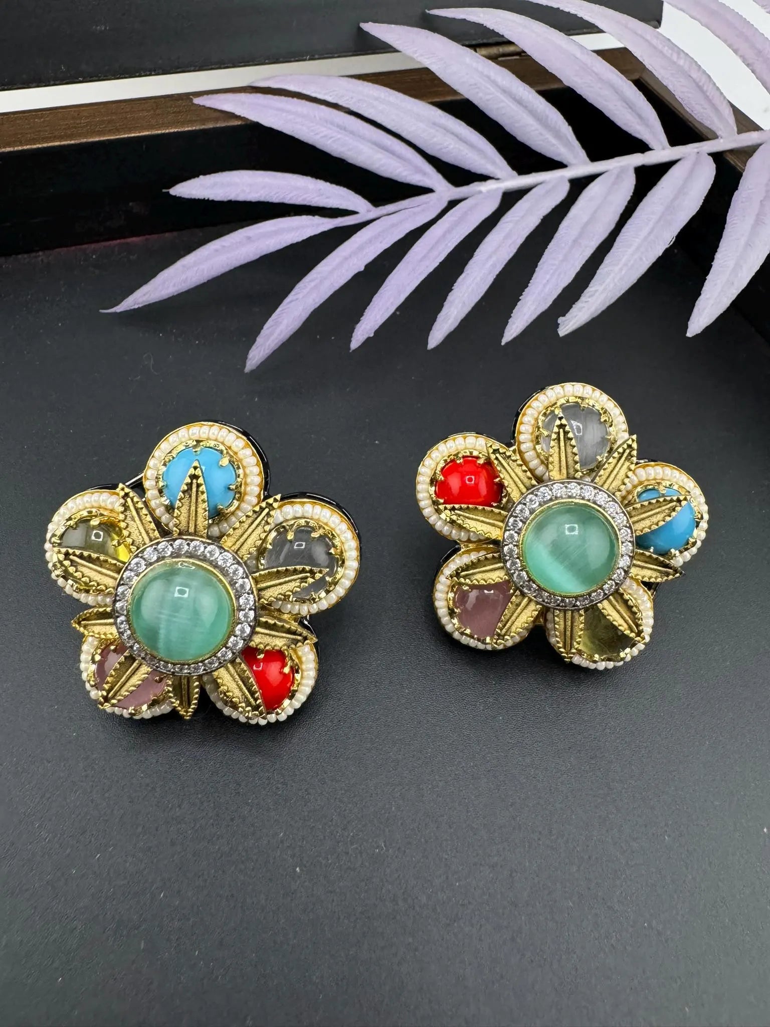 Sabyasachi inspired Premium designer Stud Earrings in Multicolor Natural stone, CZ and pearls