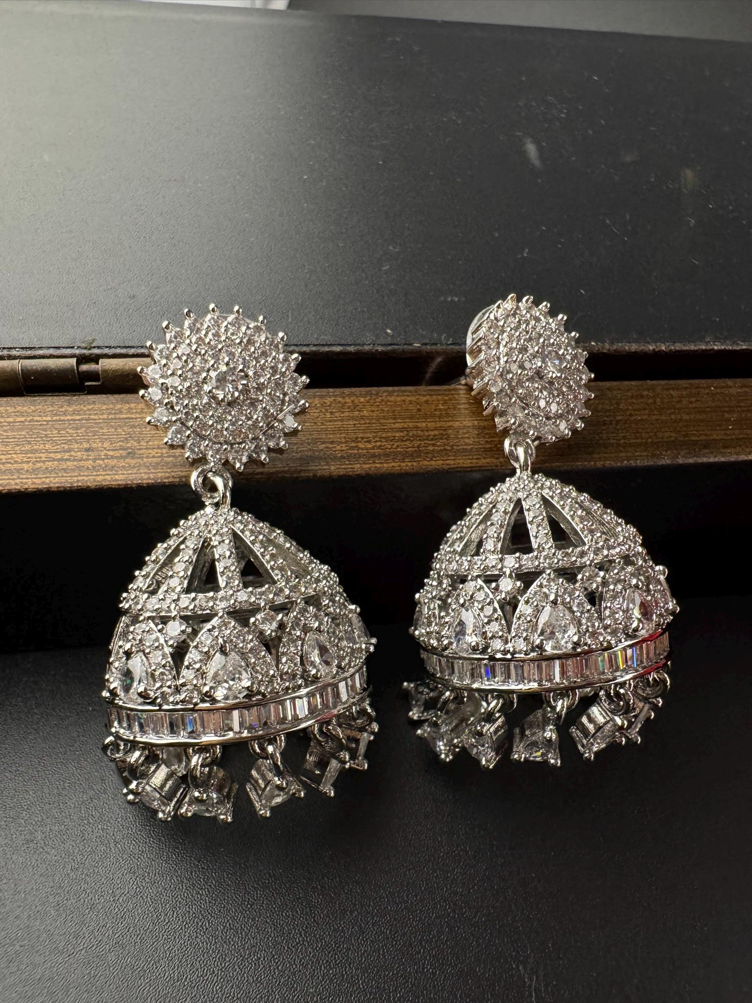 Silver polish Premium Jhumka in Cubic Zirconia Jhumki