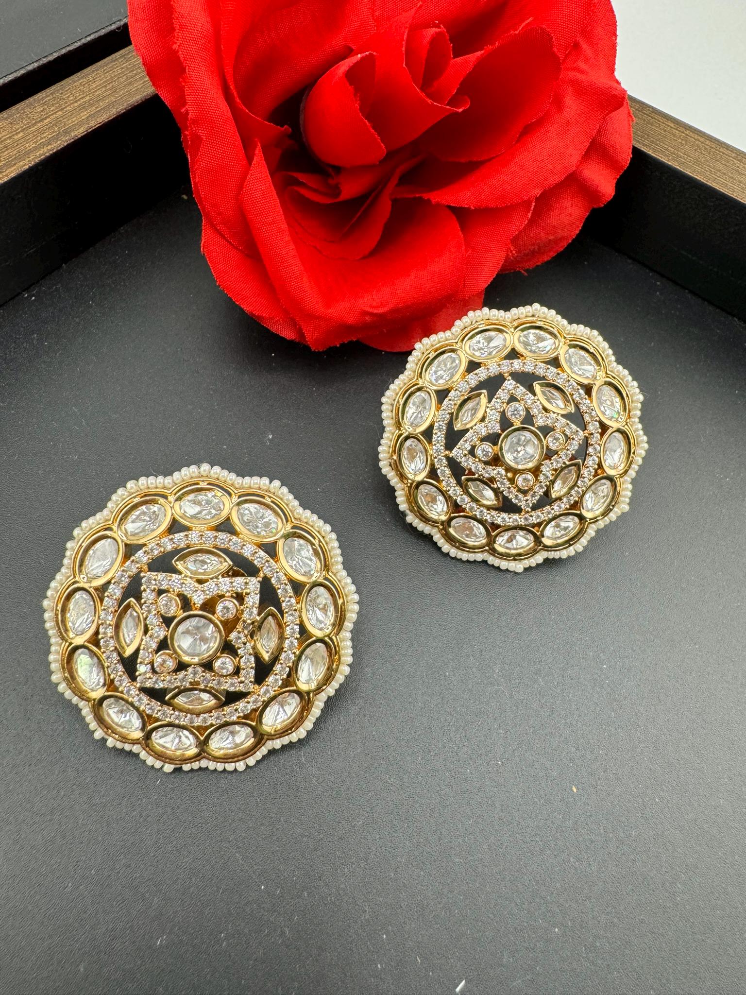 Tyaani inspired Designer Premium Moissanite Kundan and CZ Big studs earrings