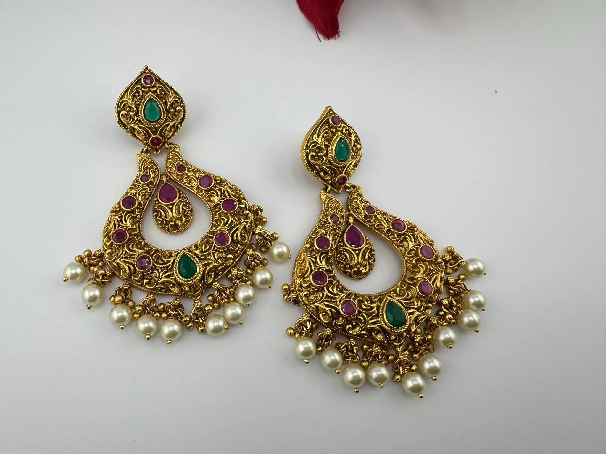 Amrapali inspired Premium Ruby and Green Pachi kundan Chand Bali in Matt Gold and Pearls designer Chandelier
