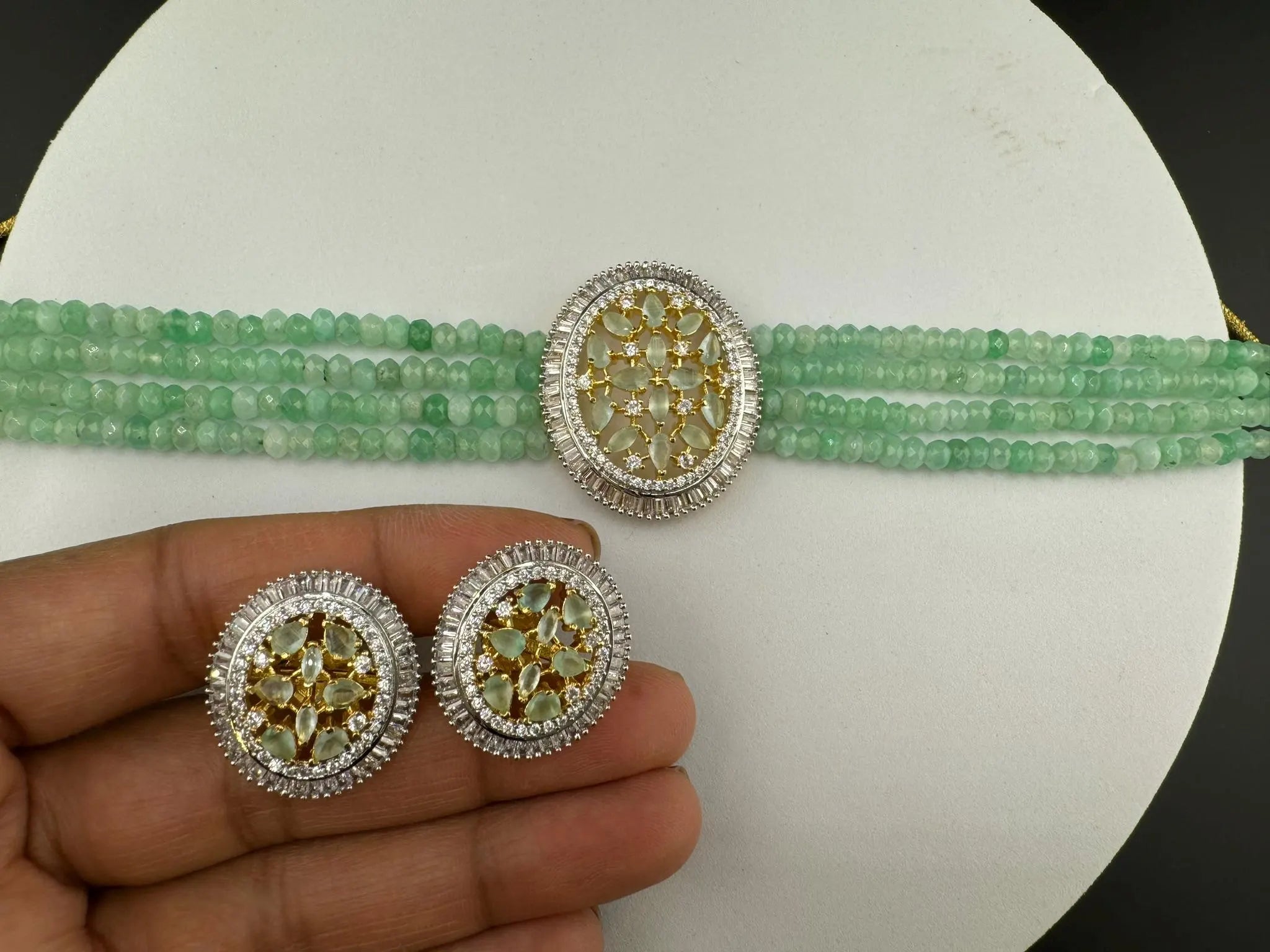 Premium Fusion necklace with CZ Pendant, natural stones and onyx beads choker Necklace set