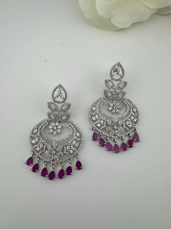 Premium Cubic Zirconia Chandelier chandbali earrings in Crystal stones in silver polish, Long earrings