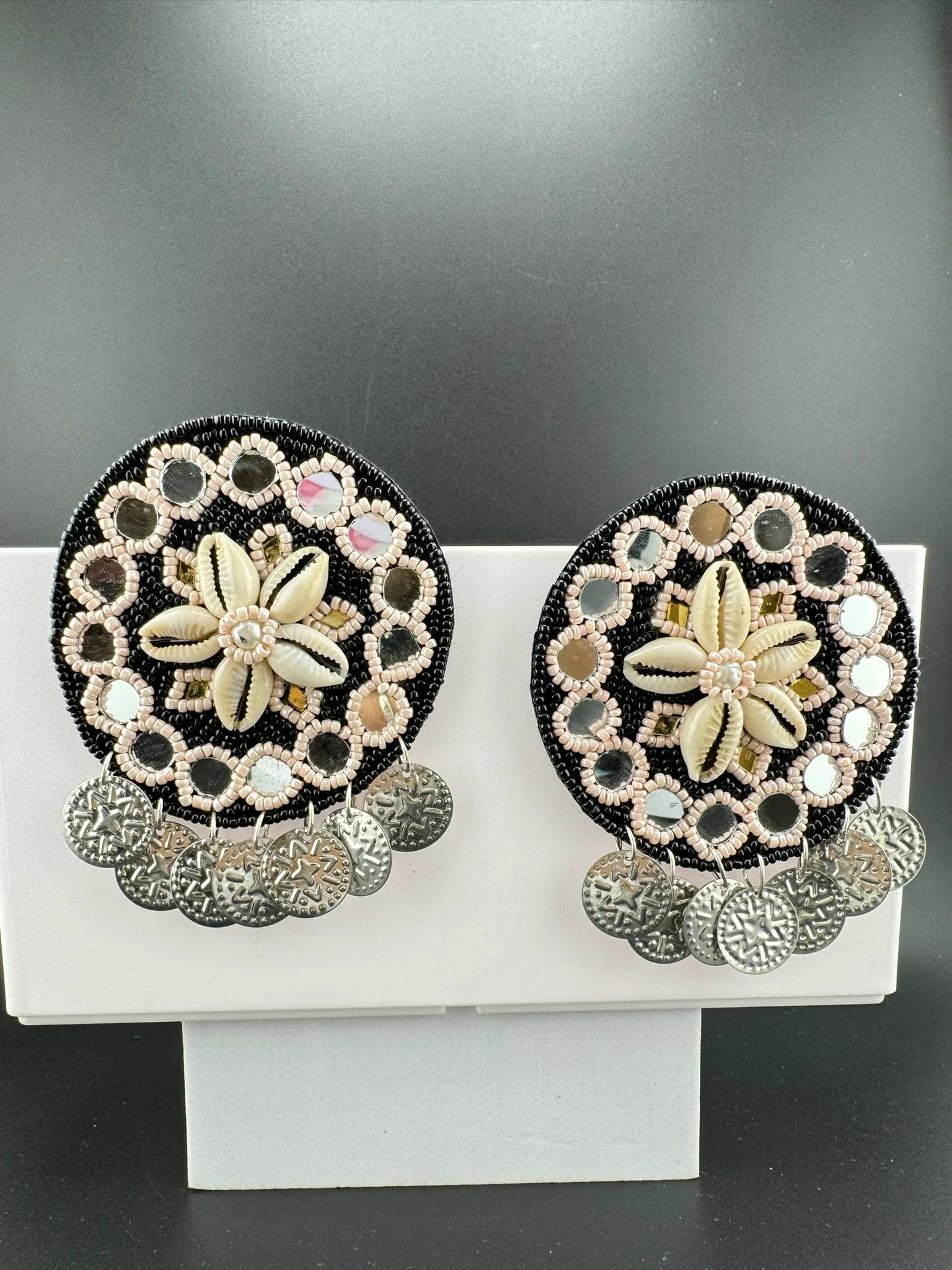 Black Beaded Mirror and Shell Oversized Stud earrings, cowrie/cowri Jewelry