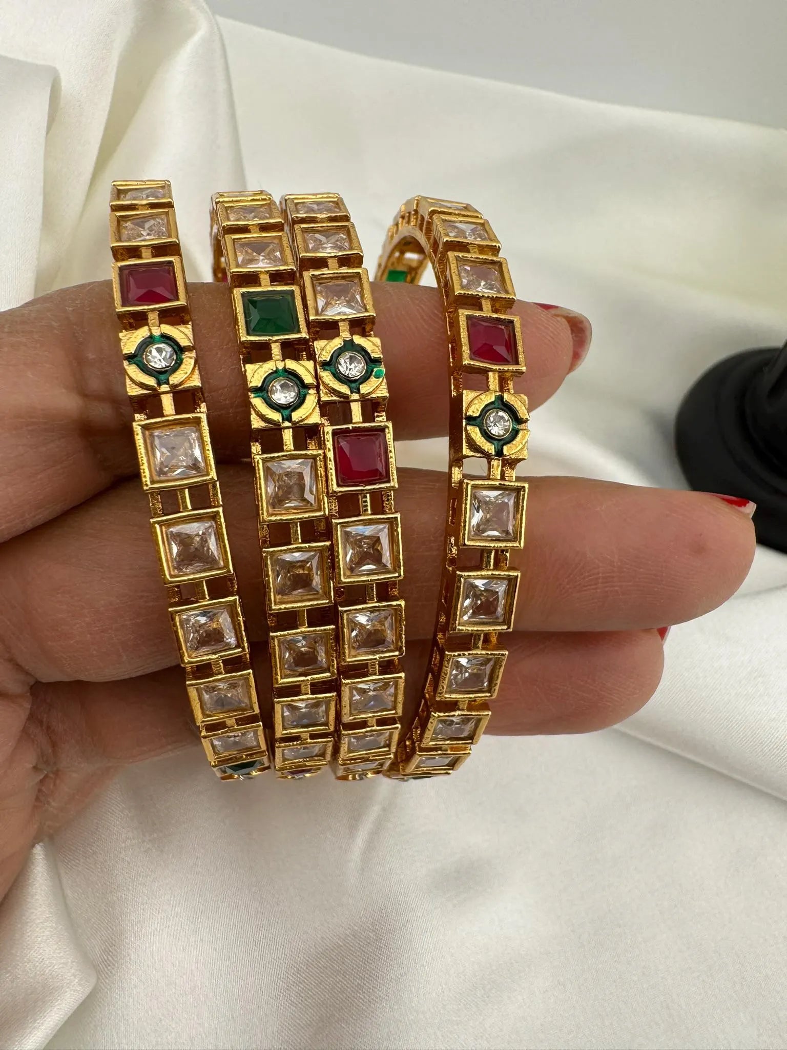 Set of 4 Matt Gold and multicolor stones in Amrapali inspired bangles set