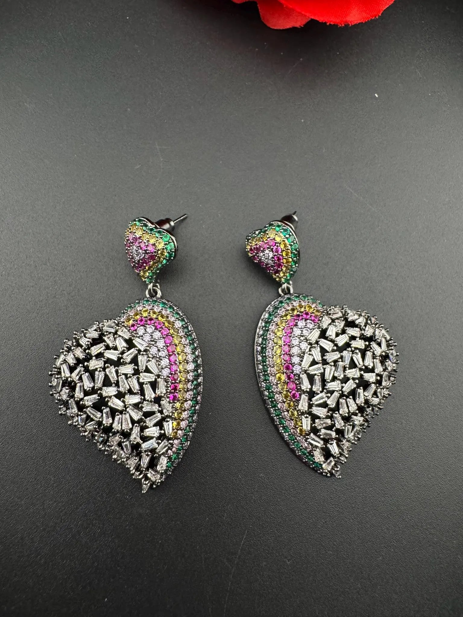 Premium Multicolor Nano Setting Cubic Zirconia and Crystal stones Victorian designer Heart earrings