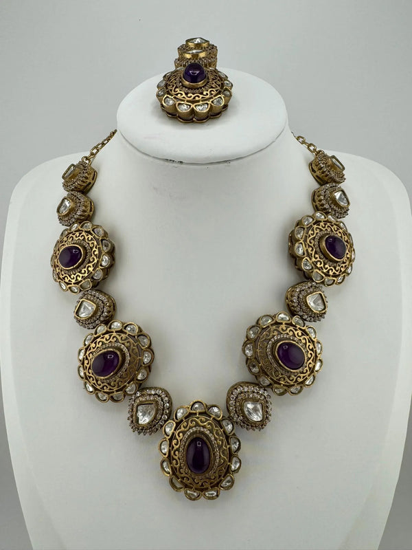 Amrapali inspired Premium fusion Necklace set in Moissanite, uncut Kundan, CZ and Doublet stones in matt gold finish with earrings