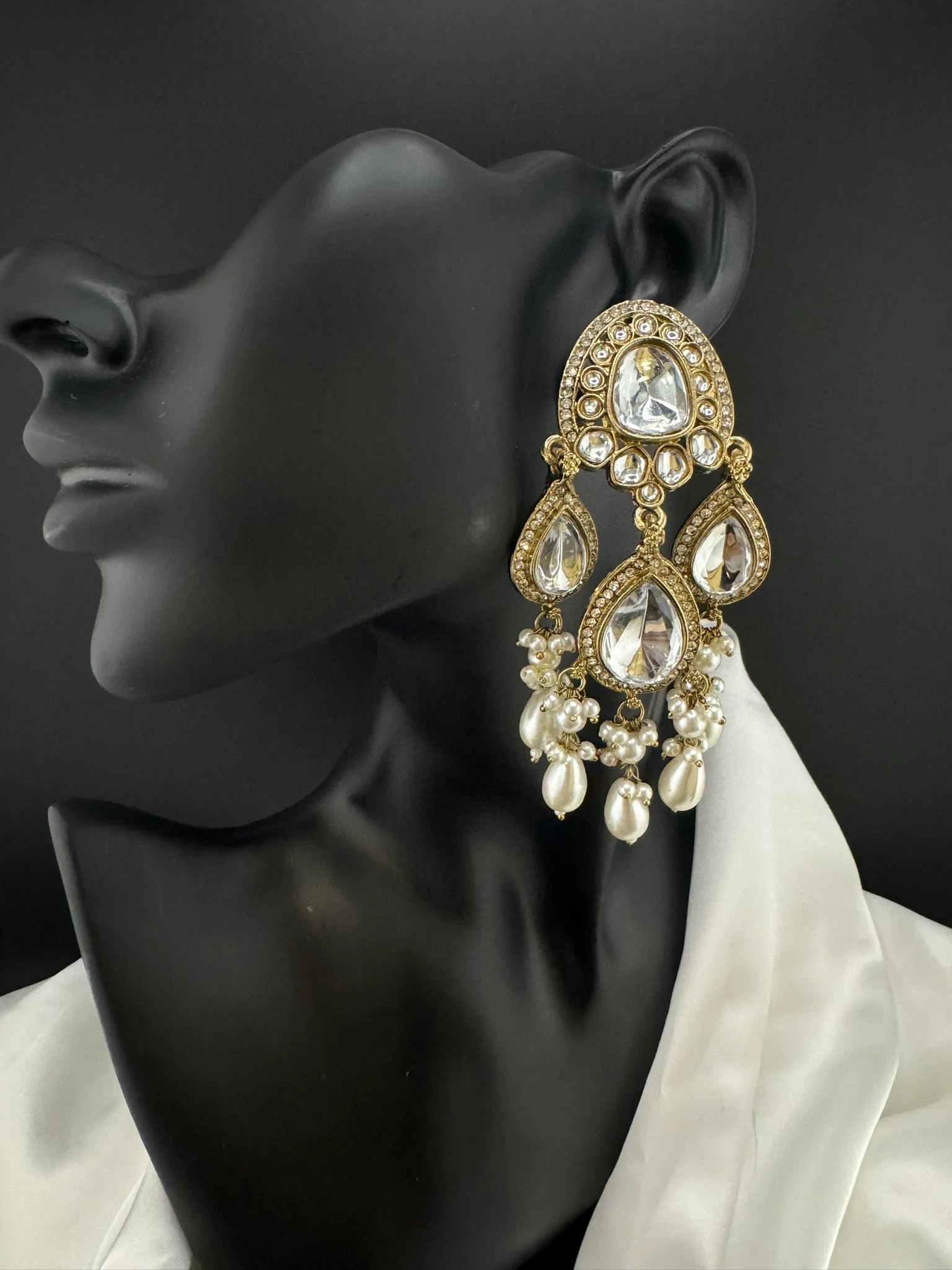Kundan and Cubic Zirconia Long Chand Bali viral earring with stones and pearls