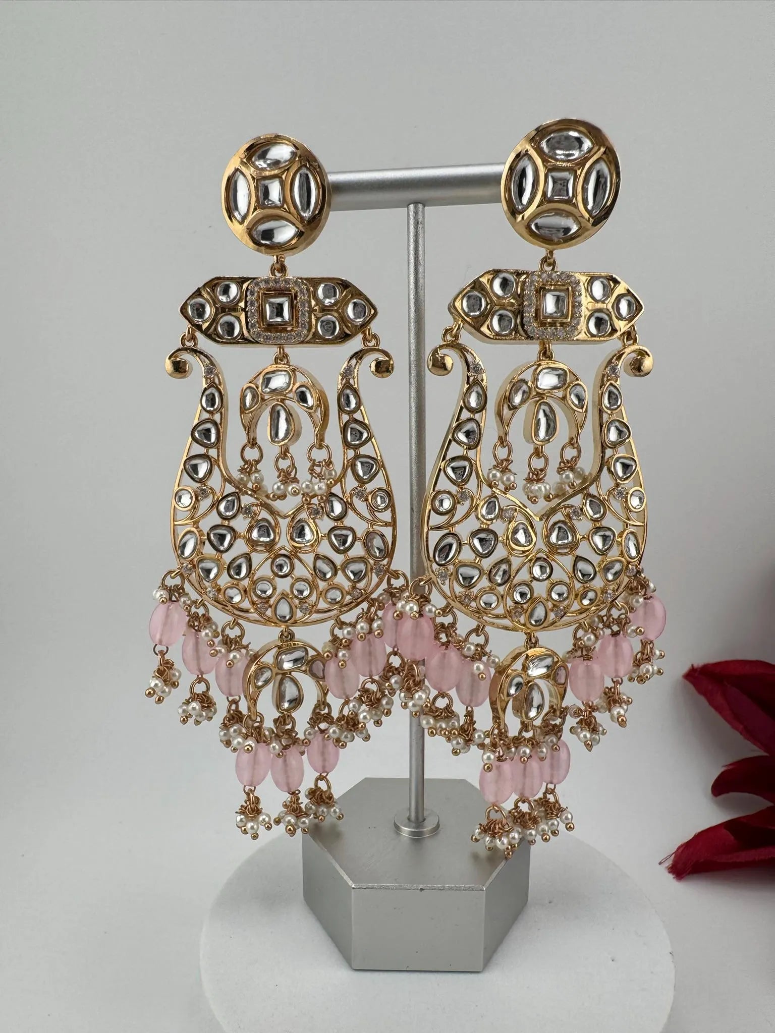 Tyaani inspired Premium Uncut Kundan, Pink Pearls, CZ designer earrings/Long Chandelier earrings