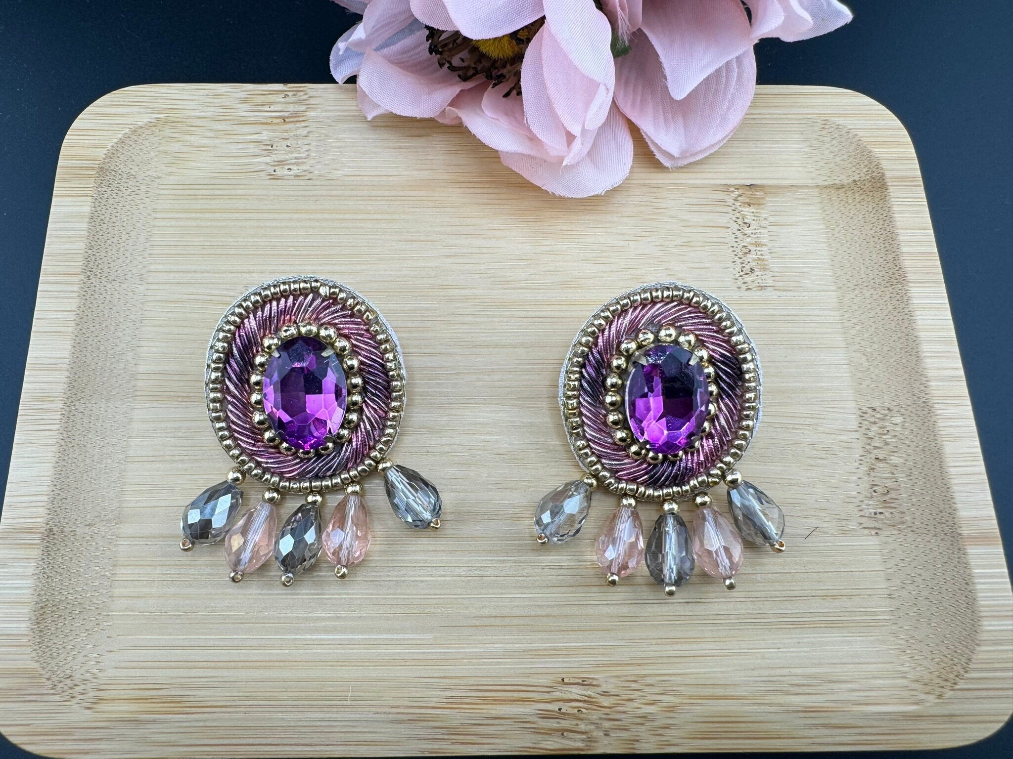 Beaded Crystal Purple Oval Big Studs Quirky earring/Handmade earrings