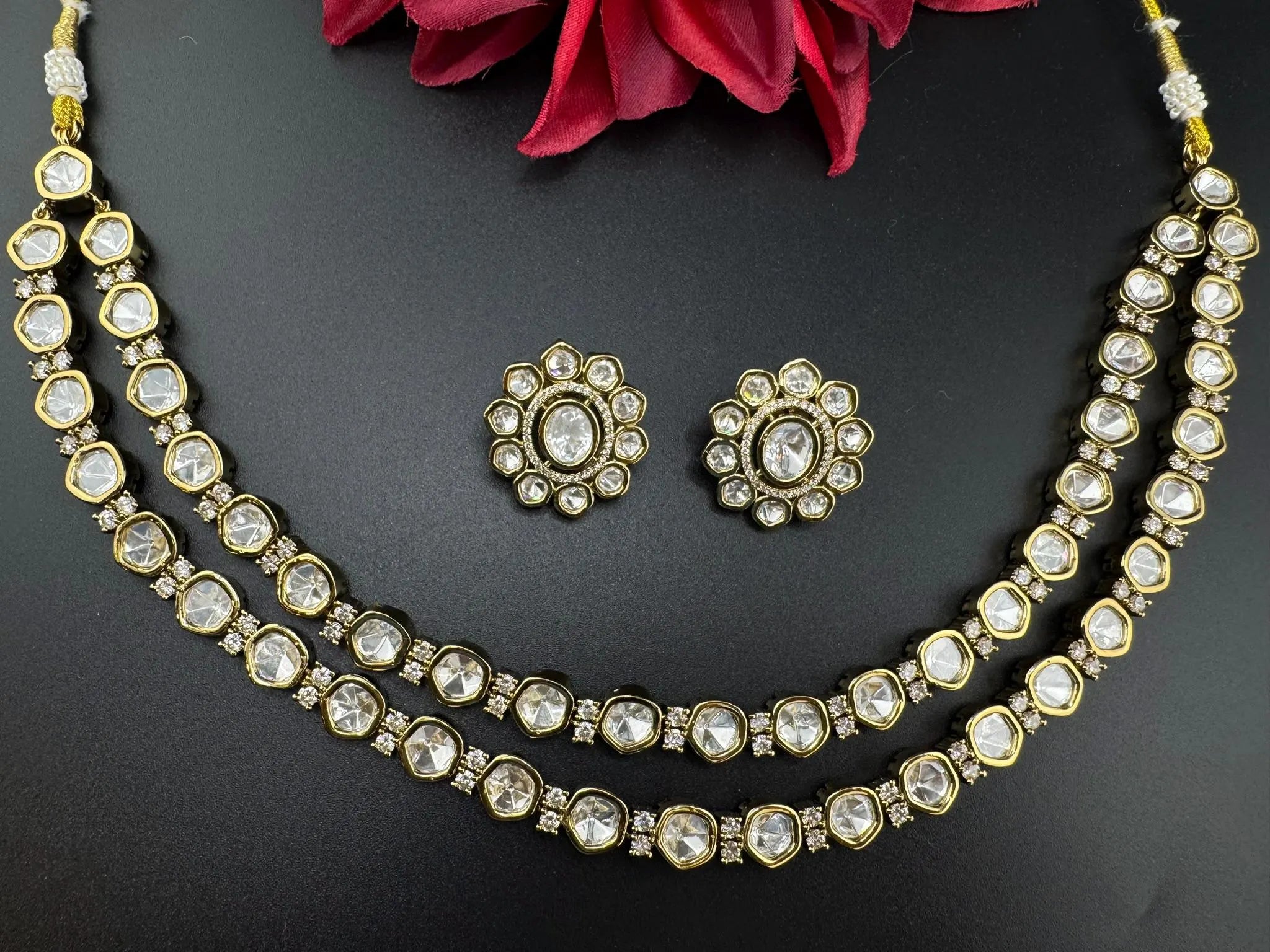 HOT SELLER!!! Premium Quality Moissanite Kundan 2 Layer set is Tyaani inspired Designer Necklace set with Stud earrings