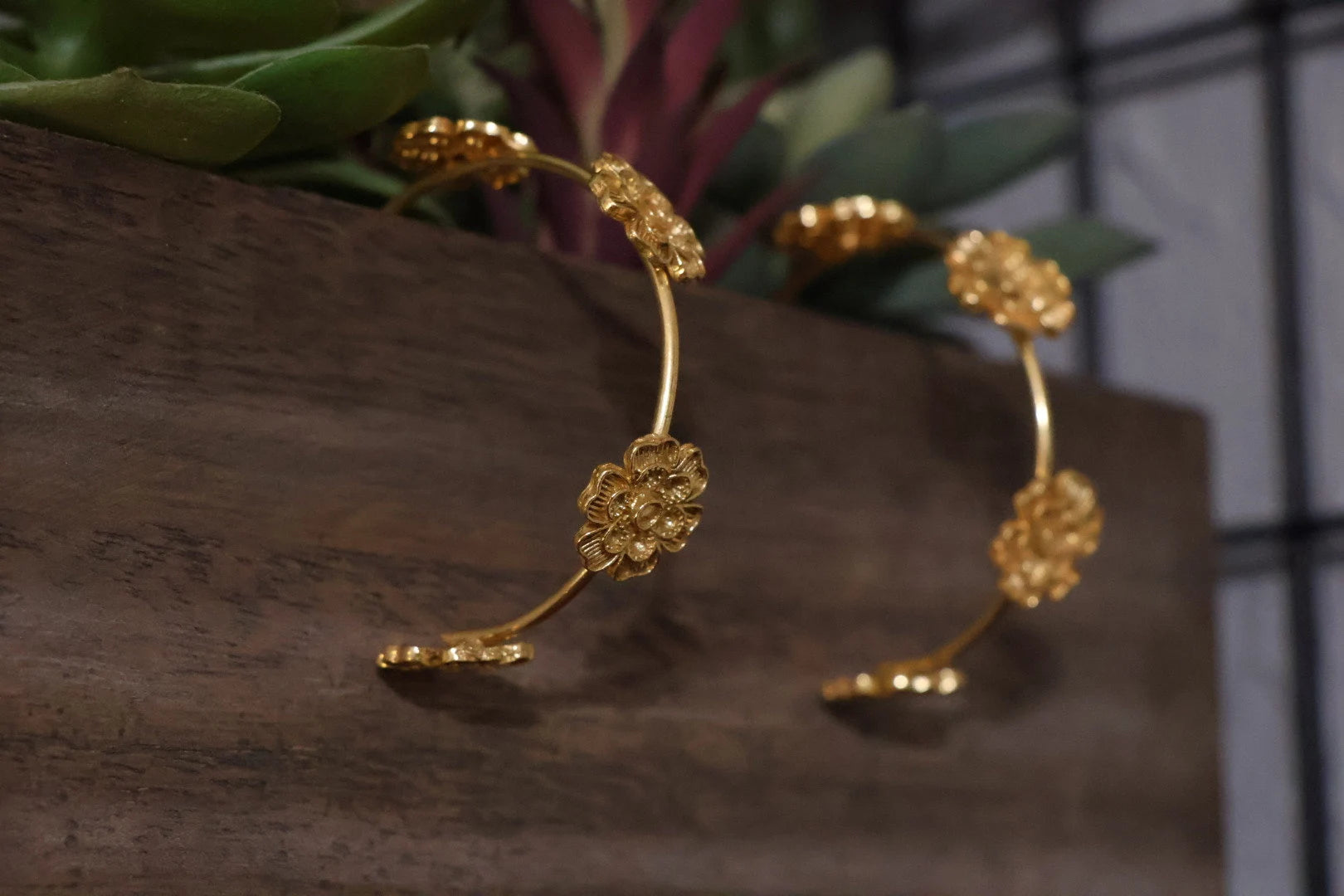 Matt Gold Statement Hoop earrings in unique Flowers design around hoop