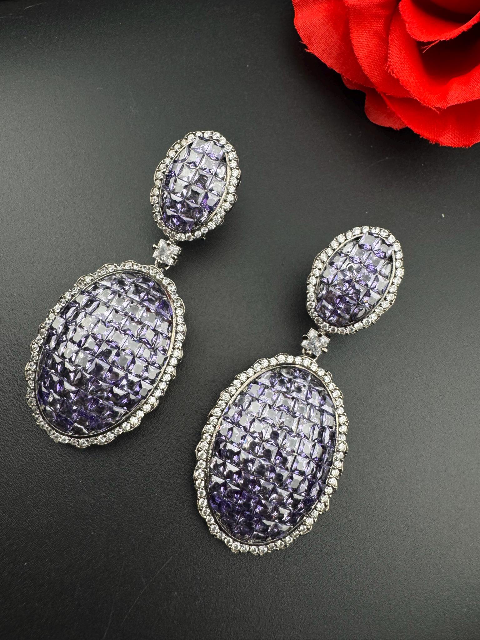 Premium Victorian Lavender Nano Setting Cubic Zirconia and Crystal stones long Drop earrings